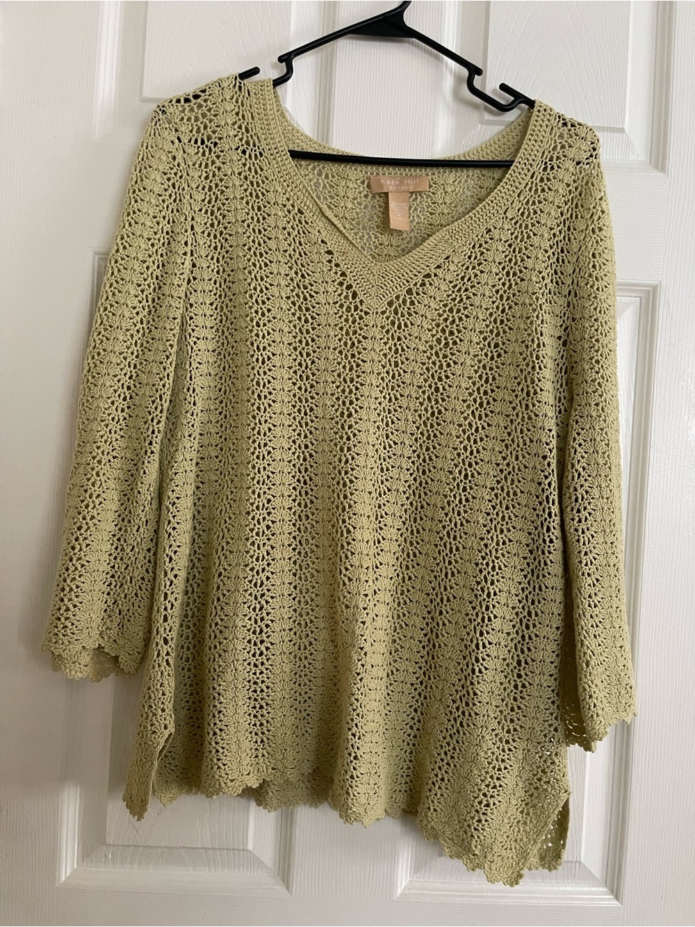 Kate Hill Crochet V-Neck Sweater - Sage Green